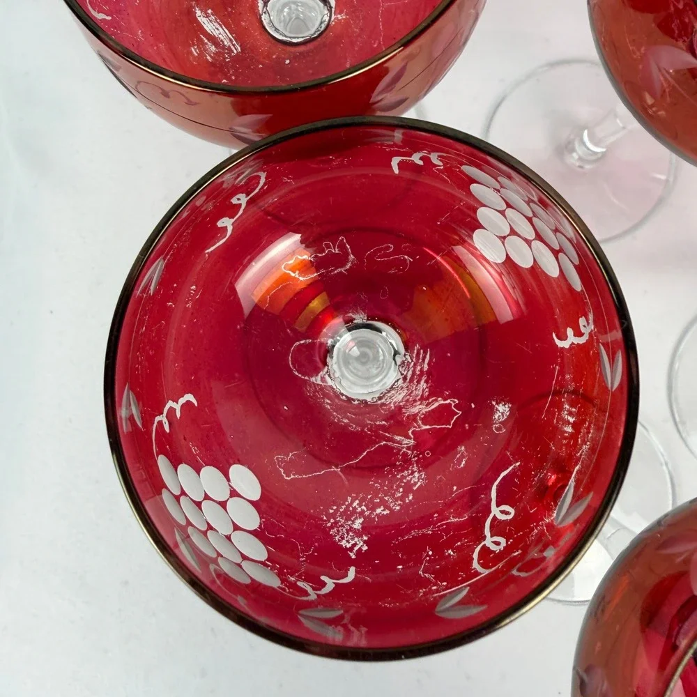 Vintage Cranberry Glass Cordial Set 6 Red Etched Grape Vine Clear Stem Barware